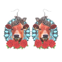 WOODEN FLORAL COW WESTERN EARRINGS
