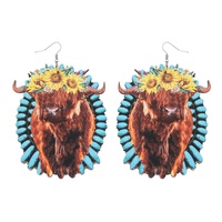 WOODEN FLORAL BUFFALO WESTERN EARRINGS