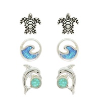 3-PAIR SEA LIFE AGATE METAL STUD EARRING SET