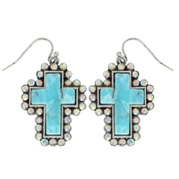 WESTERN RHINESTONE TURQUOISE CROSS EARRINGS
