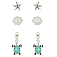 3-PAIR SEA LIFE GLITTER EPOXY STUD EARRING SET