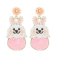 2-TIER EASTER EGG WHITE RABBIT CRYSTAL RHINESTONE BEADED EMBROIDERY LONG DROP EARRINGS