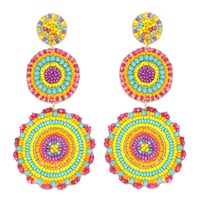 3-TIER DISC BEADED EMBROIDERY LONG DROP EARRINGS