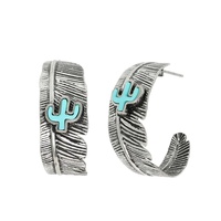 WESTERN CACTUS STONE FEATHER HOOP EARRINGS
