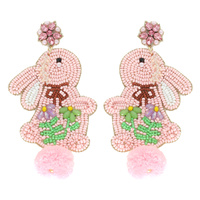 COTTON BALL TAIL EASTER RABBIT BEADED EARRINGS