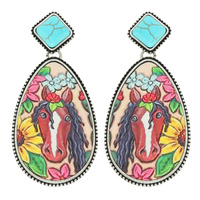 2-TIER WESTERN HORSE PRINTED TEARDROP EARRINGS