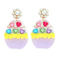 HAPPY EASTER JEWELED POM POM ACETATE EGG EARRINGS