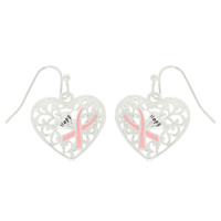 BREAST CANCER PINK RIBBON FILIGREE HEART EARRINGS
