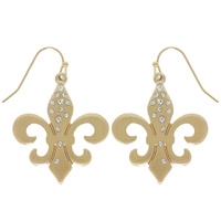 MATTE BRUSHED RHINESTONE FLEUR DE LIS EARRINGS