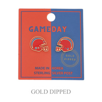 SPORTS GAME DAY FOOTBALL HELMET STUD EARRINGS IN WHITE AND YELLOW GOLD PLATING STERLING SILVER POST