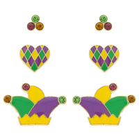 3-PACK MARDI GRAS THEMED EPOXY POST EARRINGS