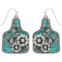 WESTERN FLORAL TURQUOISE CATTLE TAG EARRINGS
