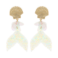 MERMAID TAIL WHIMSICAL IRIDESCENT SPARKLY WHITE OPAL SEASHELL POST DROP CHARM EARRINGS