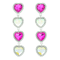 FOUR HEART GEMSTONE WITH RHINESTONE EDGE DROP EARRINGS