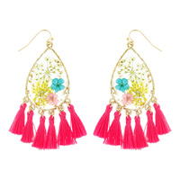 NATURAL DRIED FLOWER TEARDROP TASSEL EARRINGS RESIN FLORAL JEWELRY