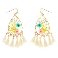 NATURAL DRIED FLOWER TEARDROP TASSEL EARRINGS RESIN FLORAL JEWELRY