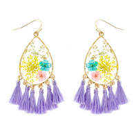 NATURAL DRIED FLOWER TEARDROP TASSEL EARRINGS RESIN FLORAL JEWELRY