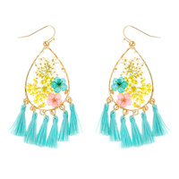 NATURAL DRIED FLOWER TEARDROP TASSEL EARRINGS RESIN FLORAL JEWELRY