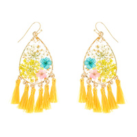 NATURAL DRIED FLOWER TEARDROP TASSEL EARRINGS RESIN FLORAL JEWELRY