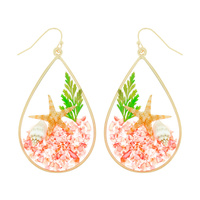 RESIN TRUMPET SHELL AND STARFISH TEARDROP DANGLE EARRINGS OCEAN BEACH JEWELRY