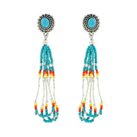 WESTERN CONCHO TURQUOISE SERAPE SEED BEAD FRINGE EARRINGS