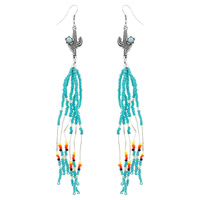 WESTERN CACTUS WITH TURQUOISE SERAPE SEED BEAD FRINGE EARRINGS