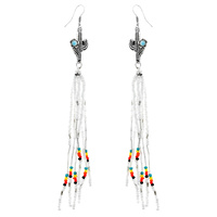 WESTERN CACTUS WITH TURQUOISE SERAPE SEED BEAD FRINGE EARRINGS