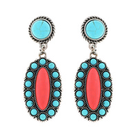 WESTERN 2-TIER TURQUOISE SEMI STONE  OVAL CONCHO DANGLE AND DROP EARRINGS