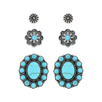 WESTERN 3-PAIR TURQUOISE SEMI STONE CONCHO ASSORTED EARRINGS SET