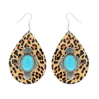 WESTERN LEOPARD CHEETAH WOODEN TEARDROP DANGLE EARRINGS WITH OVAL TURQUOISE