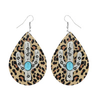 WESTERN LEOPARD PRINT WOODEN TEARDROP DROP TURQUOISE STONE CACTUS EARRINGS