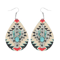 WESTERN NATIVE AMERICAN PRINT WOODEN TEARDROP DROP TURQUOISE STONE CACTUS EARRINGS
