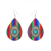 SERAPE/ LEOPARD/ COW/ AZTEC-GRAPHIC PRINT WOODEN TEARDROP CONCHO HOOK DANGLE EARRINGS