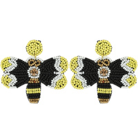 HONEY BEE SEED BEAD HANDMADE BEADED CRYSTAL RHINESTONE JEWELED DANGLE AND DROP NOVELTY EARRINGS