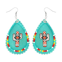 WESTERN AZTEC CACTUS WITH SERAPE SEED BEAD WOODEN TEARDROP DANGLE EARRINGS WEST NATIVE AMERICAN AUTHENTIC JEWELRY
