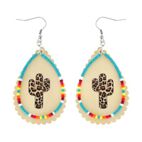 WESTERN LEOPARD CHEETAH CACTUS WITH SERAPE SEED BEAD WOODEN TEARDROP DANGLE EARRINGS