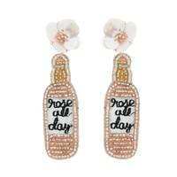 ROSE ALL DAY WINE BOTTLE WITH SEQUIN FLOWER BEAD EMBROIDERY DANGLE EARRINGS