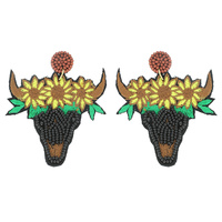 WESTERN STYLE STEER SKULL WITH SUNFLOWER SEED BEAD EMBROIDERY DANGLE EARRINGS