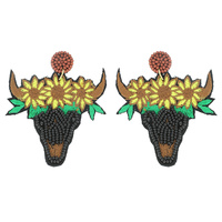 WESTERN STYLE STEER SKULL WITH SUNFLOWER SEED BEAD EMBROIDERY DANGLE EARRINGS