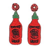 BEADED SRIRACHA HOT SAUCE BOTTLE SEED BEAD EMBROIDERY DANGLE EARRINGS