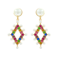 FASHION PEARL AND RHINESTONE DIAMOND SHAPE DANGLE EARRINGS