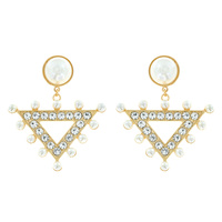 FASHION PEARL AND RHINESTONE TRIANGLE DANGLE EARRINGS