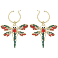 RHINESTONE AND MULTI GEM DRAGONFLY CHARM HOOP EARRINGS