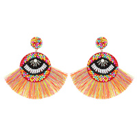 SEED BEAD PROTECTION SYMBOL EVIL EYE FAN TASSEL STATEMENT EARRINGS