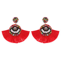 SEED BEAD PROTECTION SYMBOL EVIL EYE FAN TASSEL STATEMENT EARRINGS