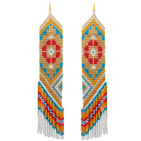 NATIVE AMERICAN MULTICOLOR SEED BEAD TASSEL LONG DROP DANGLE EARRINGS