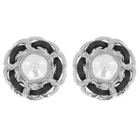 80S VINTAGE STYLE WOVEN PU VEGAN LEATHER CHAIN LINK CIRCULAR DISC PEARL STUD EARRINGS