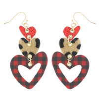 TRIPLE HEART GLITTER LEOPARD CHEETAH RED BUFFALO PLAID PRINT DANGLE EARRINGS