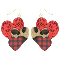 TRIPLE HEART GLITTER LEOPARD CHEETAH RED BUFFALO PLAID PRINT DANGLE EARRINGS