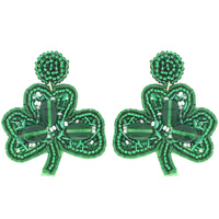 SEED BEADED SAINT PATRICKS DAY SHAMROCK THREE LEAF CLOVER DROP EARRINGS